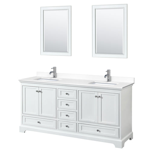 Wyndham Deborah 72 Inch Double Bathroom Vanity in White, White Cultured Marble Countertop, Undermount Square Sinks, 24 Inch Mirrors- Wyndham