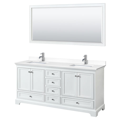Wyndham Deborah 72 Inch Double Bathroom Vanity in White, White Cultured Marble Countertop, Undermount Square Sinks, 70 Inch Mirror- Wyndham