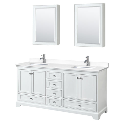 Wyndham Deborah 72 Inch Double Bathroom Vanity in White, White Cultured Marble Countertop, Undermount Square Sinks, Medicine Cabinets- Wyndham