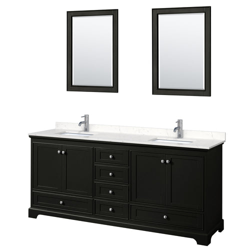 Wyndham Deborah 80 Inch Double Bathroom Vanity in Dark Espresso, Light-Vein Carrara Cultured Marble Countertop, Undermount Square Sinks, 24 Inch Mirrors- Wyndham