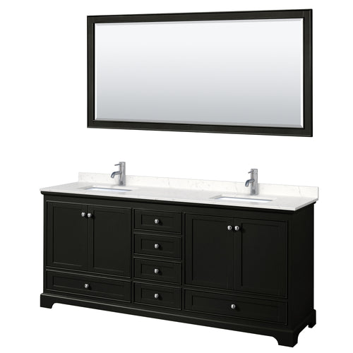Wyndham Deborah 80 Inch Double Bathroom Vanity in Dark Espresso, Light-Vein Carrara Cultured Marble Countertop, Undermount Square Sinks, 70 Inch Mirror- Wyndham