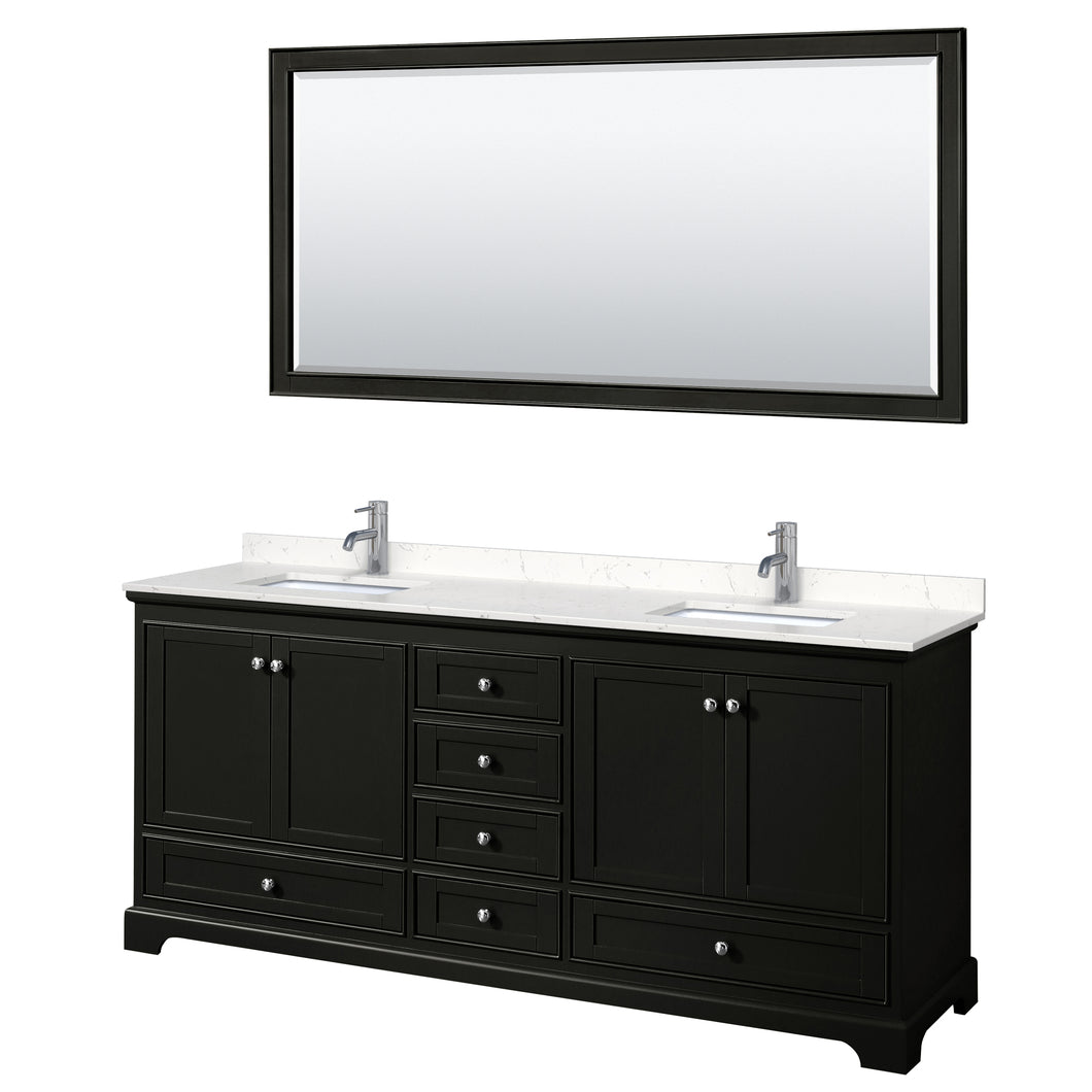 Wyndham Deborah 80 Inch Double Bathroom Vanity in Dark Espresso, Light-Vein Carrara Cultured Marble Countertop, Undermount Square Sinks, 70 Inch Mirror- Wyndham