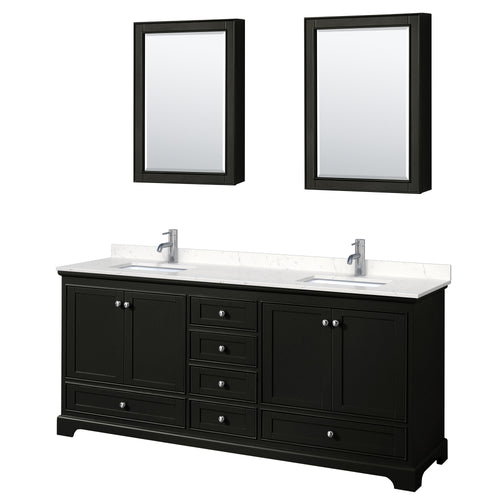 Wyndham Deborah 80 Inch Double Bathroom Vanity in Dark Espresso, Light-Vein Carrara Cultured Marble Countertop, Undermount Square Sinks, Medicine Cabinets- Wyndham
