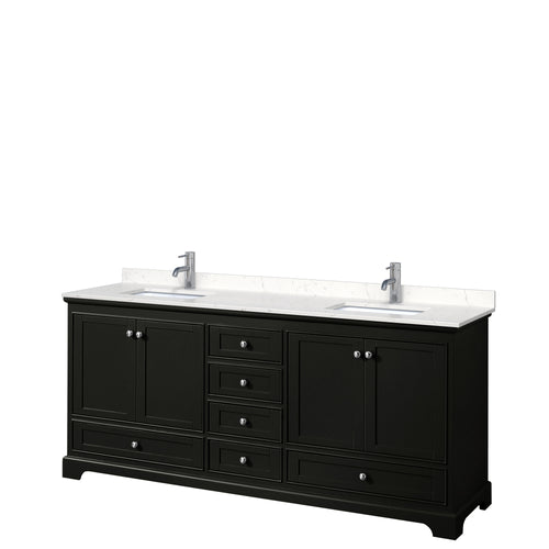 Wyndham Deborah 80 Inch Double Bathroom Vanity in Dark Espresso, Light-Vein Carrara Cultured Marble Countertop, Undermount Square Sinks, No Mirrors- Wyndham