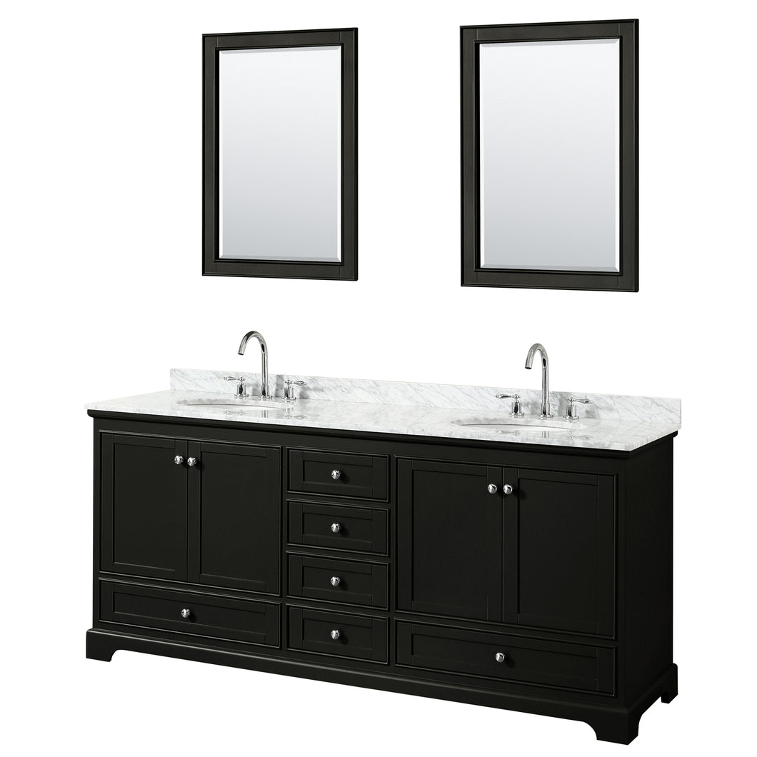 Wyndham Deborah 80 Inch Double Bathroom Vanity in Dark Espresso, White Carrara Marble Countertop, Undermount Oval Sinks, and 24 Inch Mirrors- Wyndham