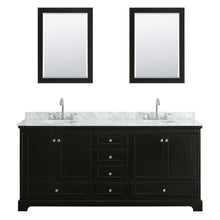 Load image into Gallery viewer, Wyndham Deborah 80 Inch Double Bathroom Vanity in Dark Espresso, White Carrara Marble Countertop, Undermount Oval Sinks, and Medicine Cabinets- Wyndham