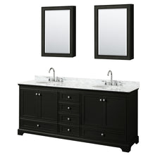 Load image into Gallery viewer, Wyndham Deborah 80 Inch Double Bathroom Vanity in Dark Espresso, White Carrara Marble Countertop, Undermount Oval Sinks, and Medicine Cabinets- Wyndham