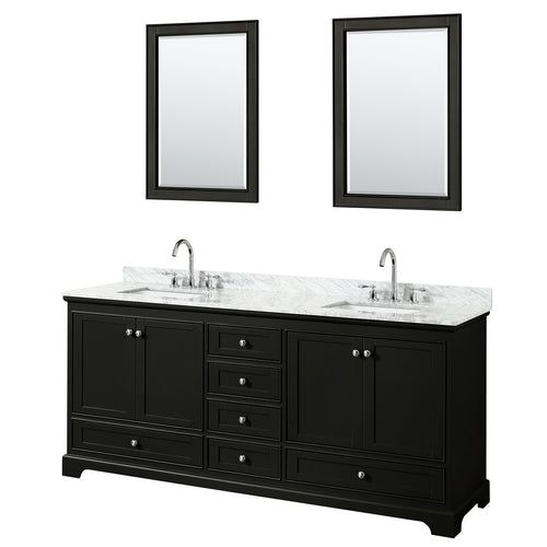Wyndham Deborah 80 Inch Double Bathroom Vanity in Dark Espresso, White Carrara Marble Countertop, Undermount Square Sinks, and 24 Inch Mirrors- Wyndham