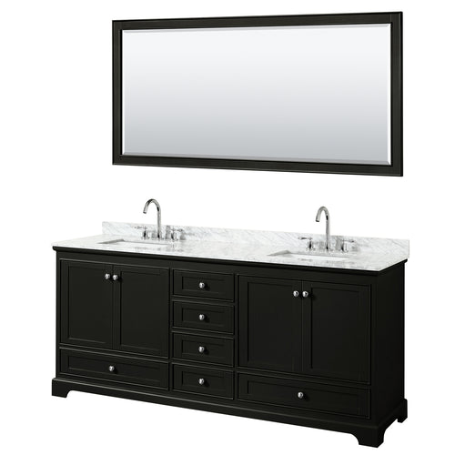Wyndham Deborah 80 Inch Double Bathroom Vanity in Dark Espresso, White Carrara Marble Countertop, Undermount Square Sinks, and 70 Inch Mirror- Wyndham