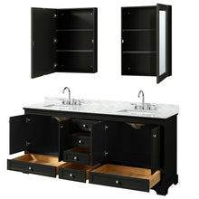 Load image into Gallery viewer, Wyndham Deborah 80 Inch Double Bathroom Vanity in Dark Espresso, White Carrara Marble Countertop, Undermount Square Sinks, and Medicine Cabinets- Wyndham