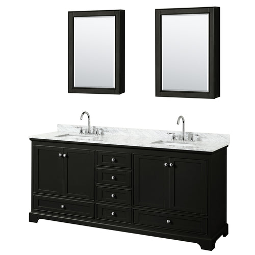 Wyndham Deborah 80 Inch Double Bathroom Vanity in Dark Espresso, White Carrara Marble Countertop, Undermount Square Sinks, and Medicine Cabinets- Wyndham