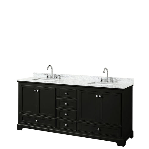 Wyndham Deborah 80 Inch Double Bathroom Vanity in Dark Espresso, White Carrara Marble Countertop, Undermount Square Sinks, and No Mirrors- Wyndham