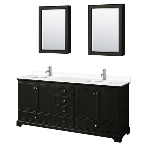 Wyndham Deborah 80 Inch Double Bathroom Vanity in Dark Espresso, White Cultured Marble Countertop, Undermount Square Sinks, Medicine Cabinets- Wyndham