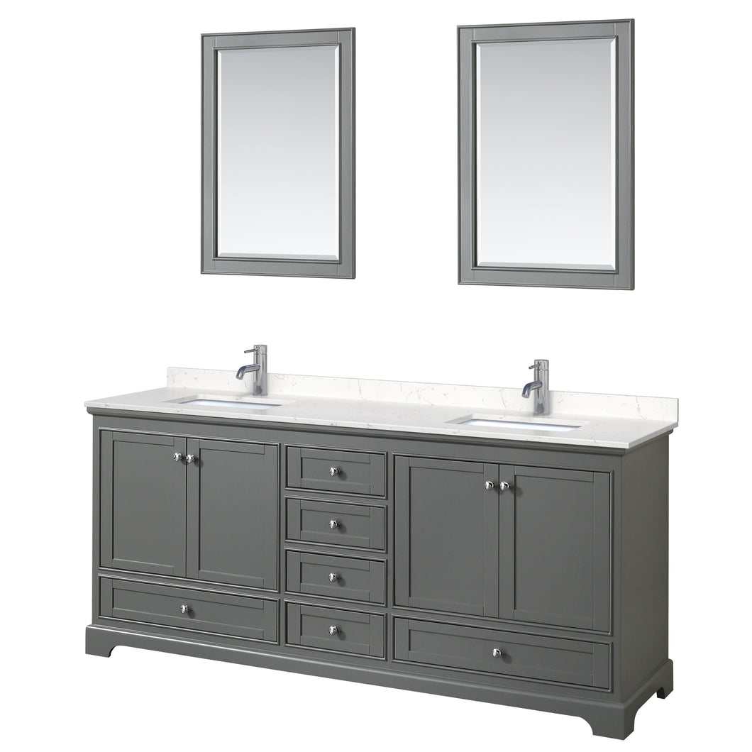 Wyndham Deborah 80 Inch Double Bathroom Vanity in Dark Gray, Light-Vein Carrara Cultured Marble Countertop, Undermount Square Sinks, 24 Inch Mirrors- Wyndham