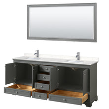 Load image into Gallery viewer, Wyndham Deborah 80 Inch Double Bathroom Vanity in Dark Gray, Light-Vein Carrara Cultured Marble Countertop, Undermount Square Sinks, 70 Inch Mirror- Wyndham