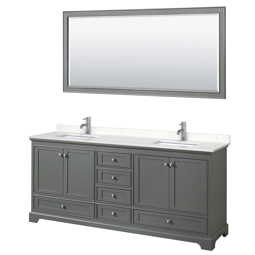 Wyndham Deborah 80 Inch Double Bathroom Vanity in Dark Gray, Light-Vein Carrara Cultured Marble Countertop, Undermount Square Sinks, 70 Inch Mirror- Wyndham