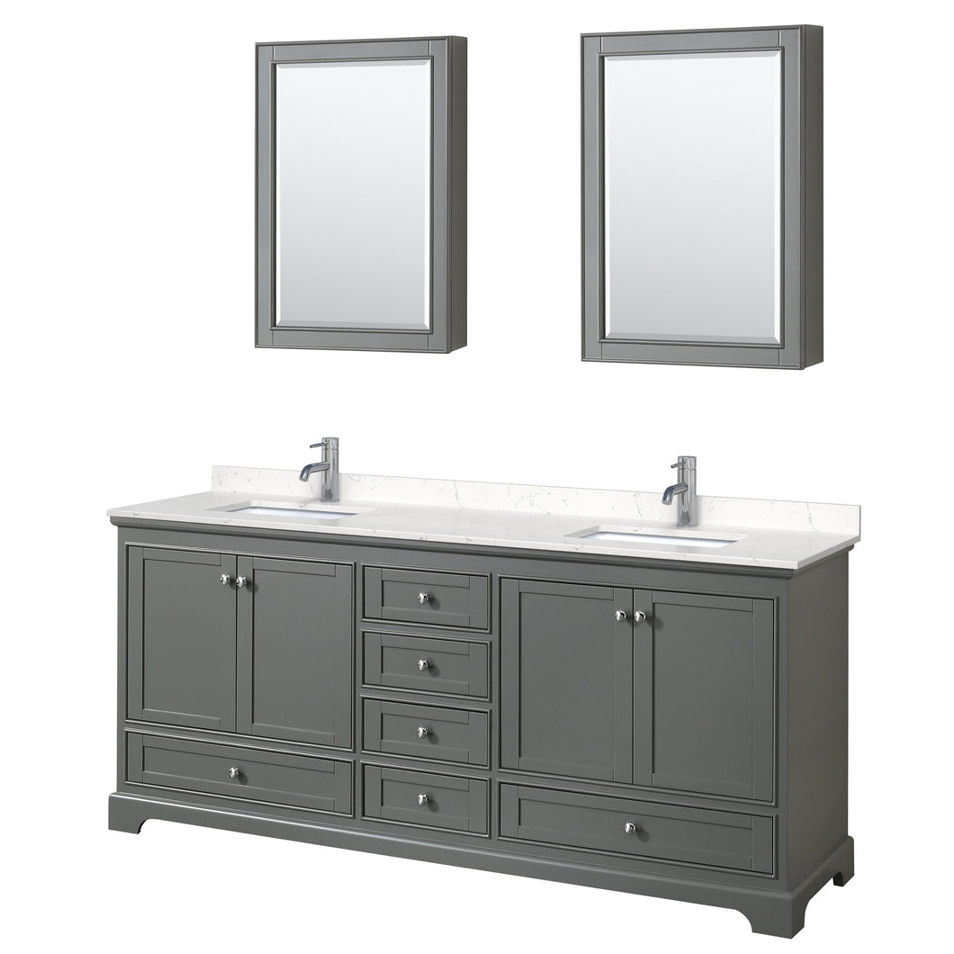 Wyndham Deborah 80 Inch Double Bathroom Vanity in Dark Gray, Light-Vein Carrara Cultured Marble Countertop, Undermount Square Sinks, Medicine Cabinets- Wyndham