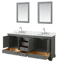 Load image into Gallery viewer, Wyndham Deborah 80 Inch Double Bathroom Vanity in Dark Gray, White Carrara Marble Countertop, Undermount Oval Sinks, and 24 Inch Mirrors- Wyndham