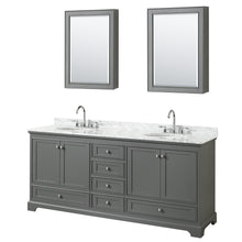 Load image into Gallery viewer, Wyndham Deborah 80 Inch Double Bathroom Vanity in Dark Gray, White Carrara Marble Countertop, Undermount Oval Sinks, and Medicine Cabinets- Wyndham