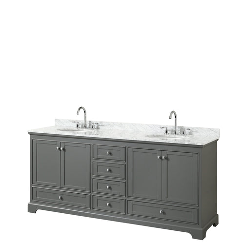 Wyndham Deborah 80 Inch Double Bathroom Vanity in Dark Gray, White Carrara Marble Countertop, Undermount Oval Sinks, and No Mirrors- Wyndham