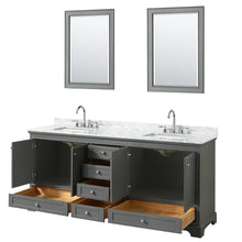 Load image into Gallery viewer, Wyndham Deborah 80 Inch Double Bathroom Vanity in Dark Gray, White Carrara Marble Countertop, Undermount Square Sinks, and 24 Inch Mirrors- Wyndham