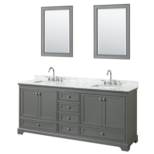 Wyndham Deborah 80 Inch Double Bathroom Vanity in Dark Gray, White Carrara Marble Countertop, Undermount Square Sinks, and 24 Inch Mirrors- Wyndham
