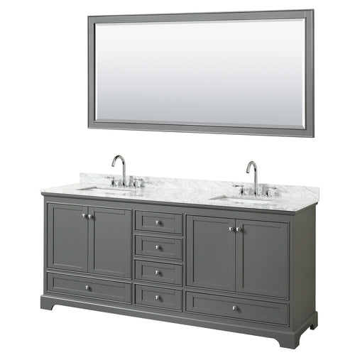 Wyndham Deborah 80 Inch Double Bathroom Vanity in Dark Gray, White Carrara Marble Countertop, Undermount Square Sinks, and 70 Inch Mirror- Wyndham