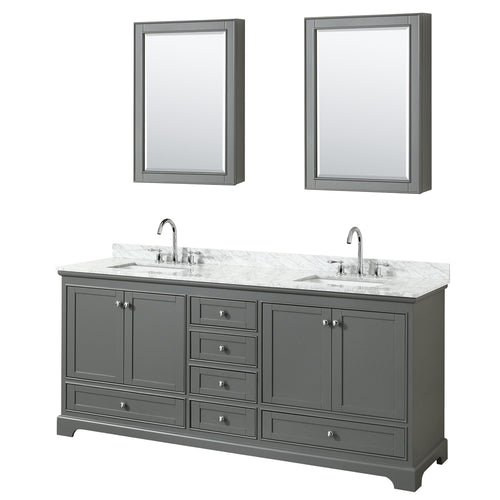 Wyndham Deborah 80 Inch Double Bathroom Vanity in Dark Gray, White Carrara Marble Countertop, Undermount Square Sinks, and Medicine Cabinets- Wyndham