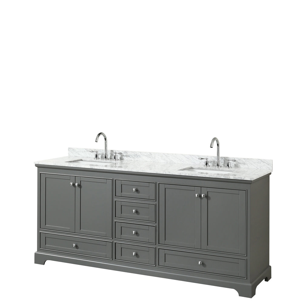 Wyndham Deborah 80 Inch Double Bathroom Vanity in Dark Gray, White Carrara Marble Countertop, Undermount Square Sinks, and No Mirror- Wyndham