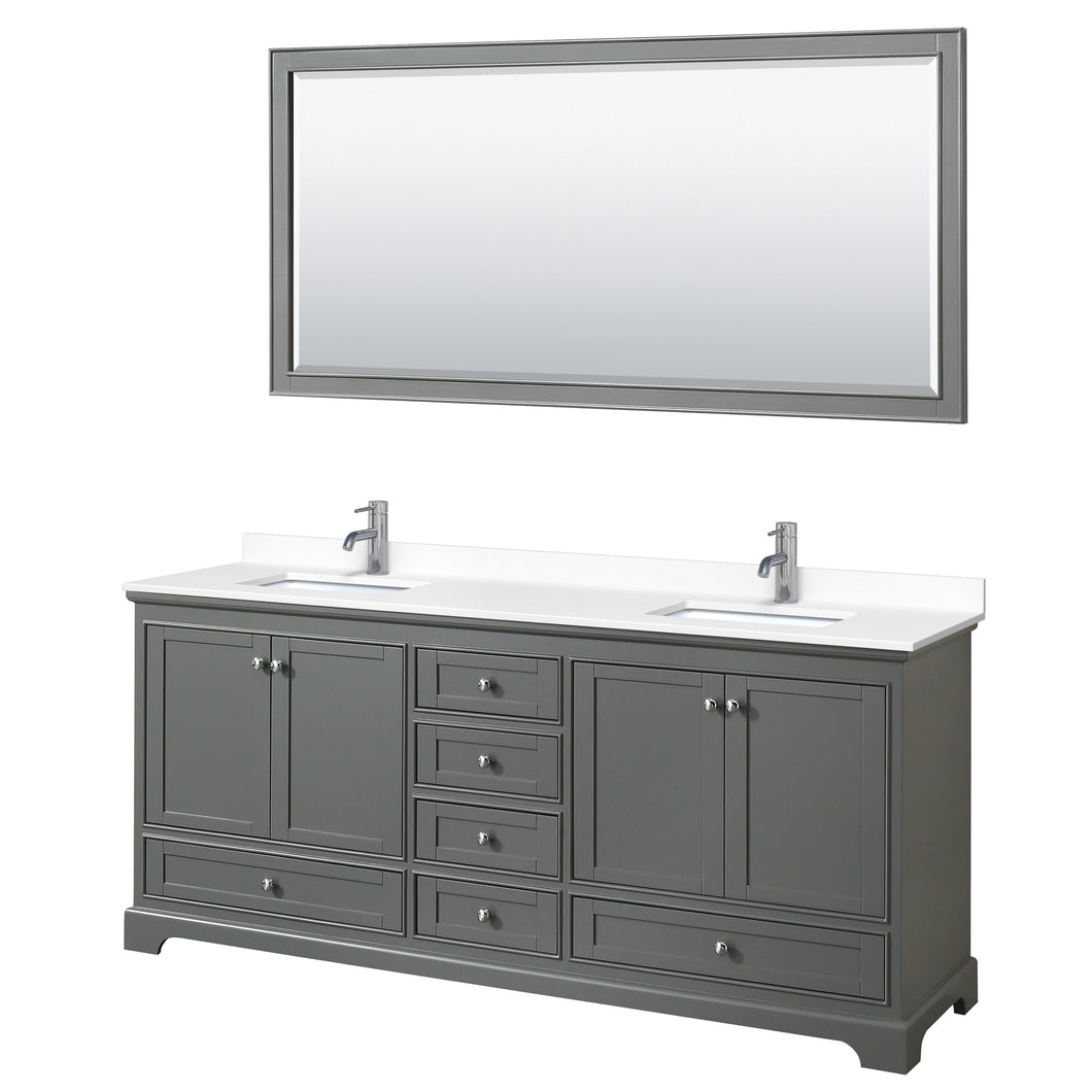 Wyndham Deborah 80 Inch Double Bathroom Vanity in Dark Gray, White Cultured Marble Countertop, Undermount Square Sinks, 70 Inch Mirror- Wyndham