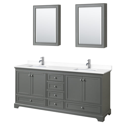 Wyndham Deborah 80 Inch Double Bathroom Vanity in Dark Gray, White Cultured Marble Countertop, Undermount Square Sinks, Medicine Cabinets- Wyndham