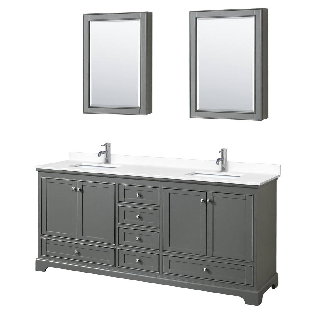 Wyndham Deborah 80 Inch Double Bathroom Vanity in Dark Gray, White Cultured Marble Countertop, Undermount Square Sinks, Medicine Cabinets- Wyndham