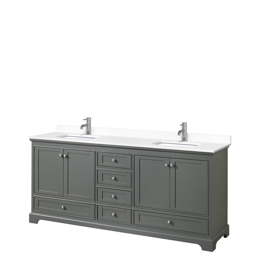 Wyndham Deborah 80 Inch Double Bathroom Vanity in Dark Gray, White Cultured Marble Countertop, Undermount Square Sinks, No Mirrors- Wyndham