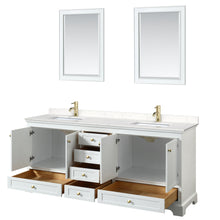 Load image into Gallery viewer, Wyndham Deborah 80 Inch Double Bathroom Vanity in White, Carrara Cultured Marble Countertop, Undermount Square Sinks, Brushed Gold Trim, 24 Inch Mirrors- Wyndham