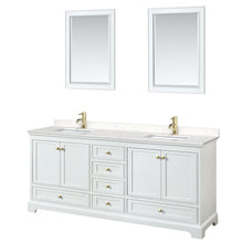Load image into Gallery viewer, Wyndham Deborah 80 Inch Double Bathroom Vanity in White, Carrara Cultured Marble Countertop, Undermount Square Sinks, Brushed Gold Trim, 24 Inch Mirrors- Wyndham