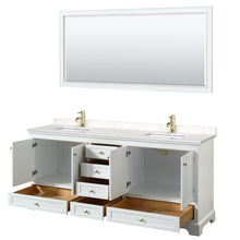 Load image into Gallery viewer, Wyndham Deborah 80 Inch Double Bathroom Vanity in White, Carrara Cultured Marble Countertop, Undermount Square Sinks, Brushed Gold Trim, 70 Inch Mirror- Wyndham