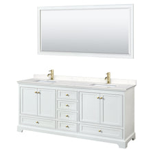 Load image into Gallery viewer, Wyndham Deborah 80 Inch Double Bathroom Vanity in White, Carrara Cultured Marble Countertop, Undermount Square Sinks, Brushed Gold Trim, 70 Inch Mirror- Wyndham