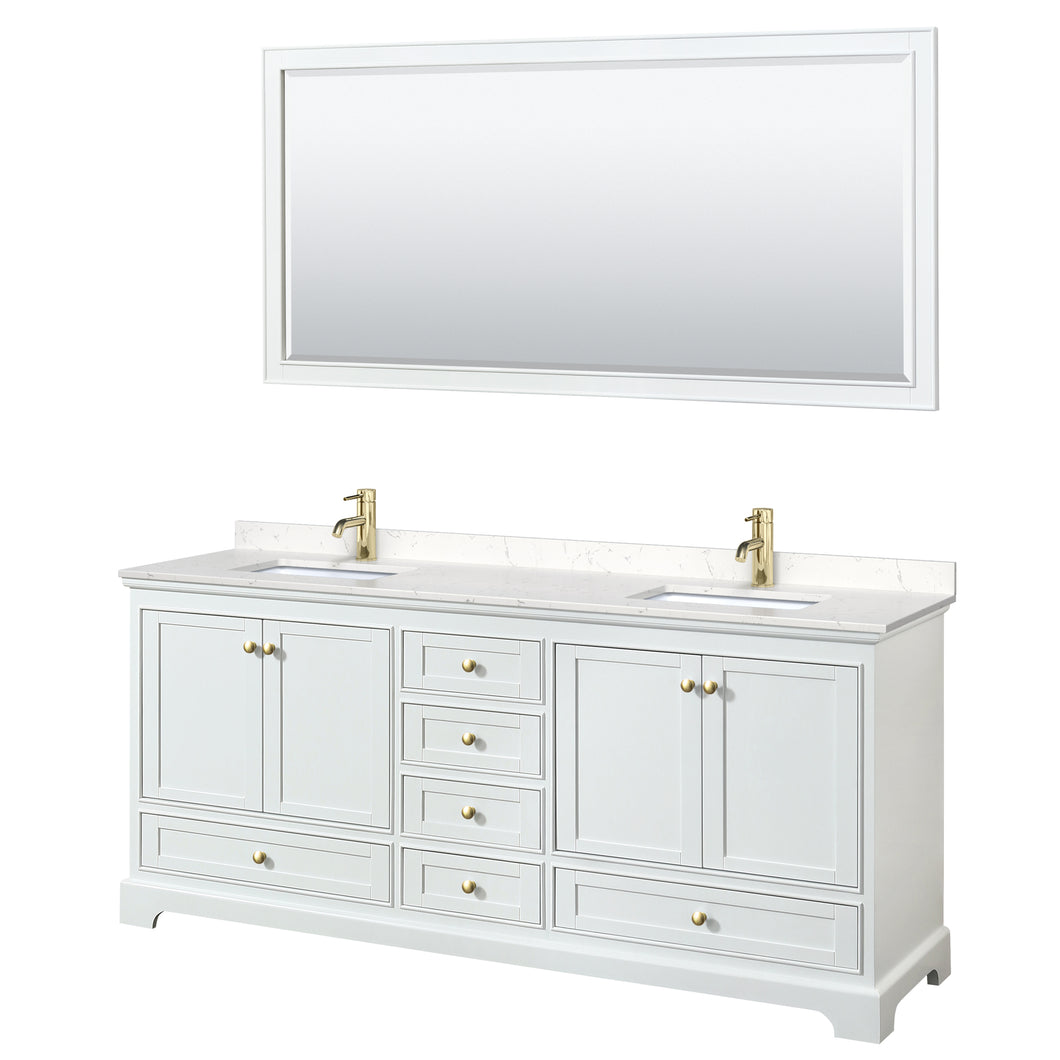 Wyndham Deborah 80 Inch Double Bathroom Vanity in White, Carrara Cultured Marble Countertop, Undermount Square Sinks, Brushed Gold Trim, 70 Inch Mirror- Wyndham