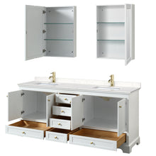 Load image into Gallery viewer, Wyndham Deborah 80 Inch Double Bathroom Vanity in White, Carrara Cultured Marble Countertop, Undermount Square Sinks, Brushed Gold Trim, Medicine Cabinets- Wyndham