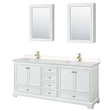 Load image into Gallery viewer, Wyndham Deborah 80 Inch Double Bathroom Vanity in White, Carrara Cultured Marble Countertop, Undermount Square Sinks, Brushed Gold Trim, Medicine Cabinets- Wyndham