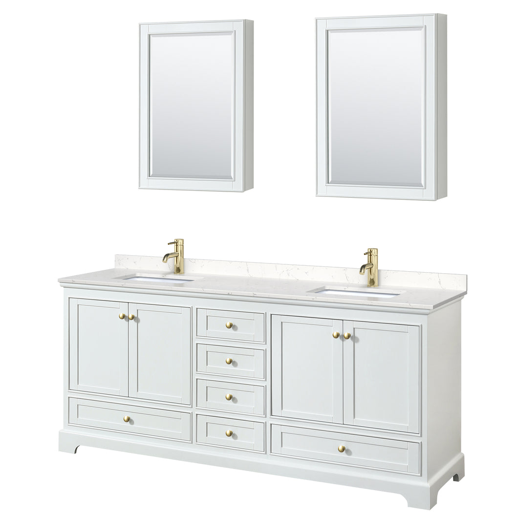 Wyndham Deborah 80 Inch Double Bathroom Vanity in White, Carrara Cultured Marble Countertop, Undermount Square Sinks, Brushed Gold Trim, Medicine Cabinets- Wyndham