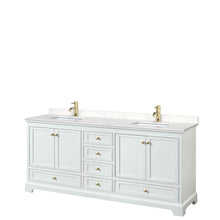 Load image into Gallery viewer, Wyndham Deborah 80 Inch Double Bathroom Vanity in White, Carrara Cultured Marble Countertop, Undermount Square Sinks, Brushed Gold Trim, No Mirrors- Wyndham