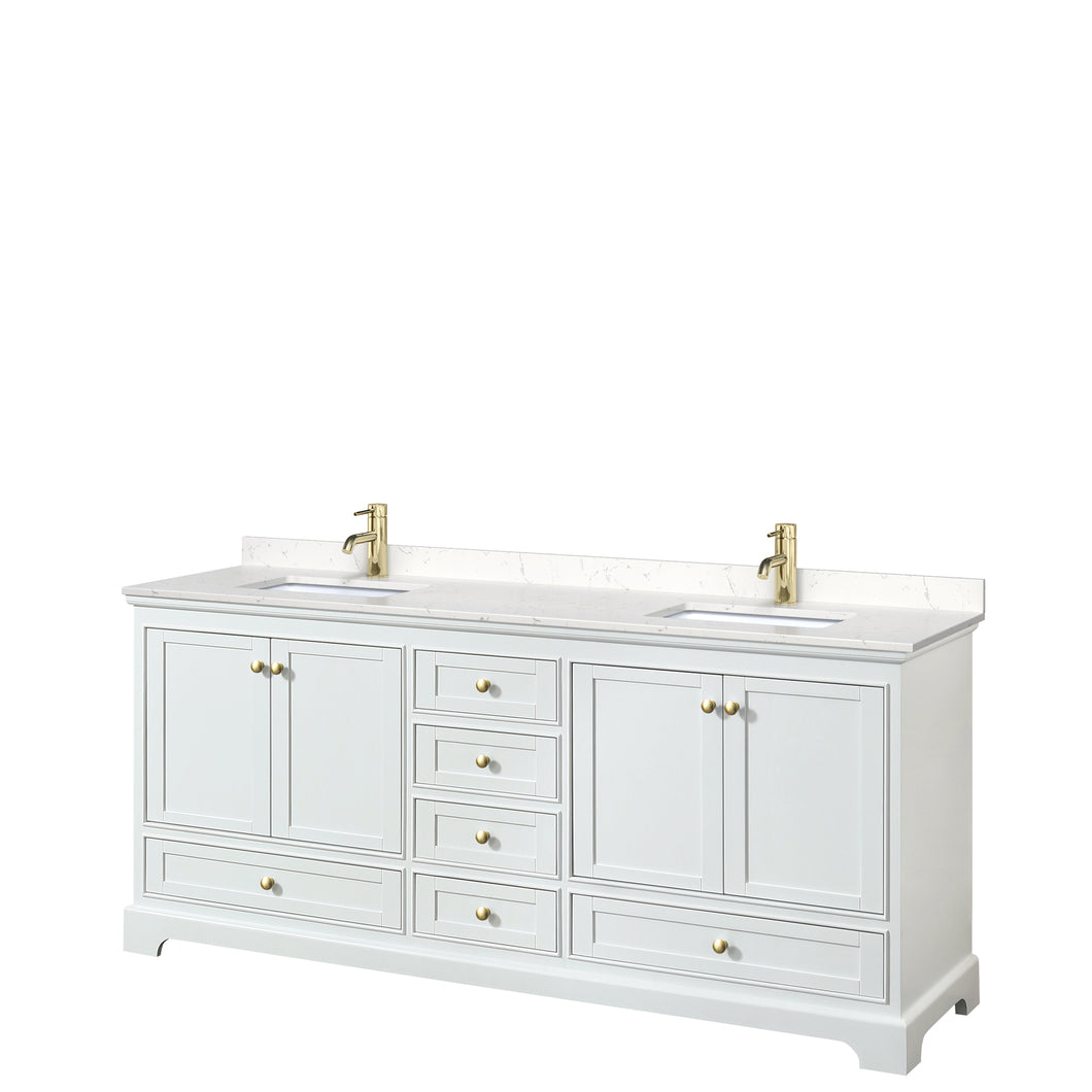 Wyndham Deborah 80 Inch Double Bathroom Vanity in White, Carrara Cultured Marble Countertop, Undermount Square Sinks, Brushed Gold Trim, No Mirrors- Wyndham