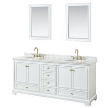 Load image into Gallery viewer, Wyndham Deborah 80 Inch Double Bathroom Vanity in White, White Carrara Marble Countertop, Undermount Oval Sinks, Brushed Gold Trim, 24 Inch Mirrors- Wyndham