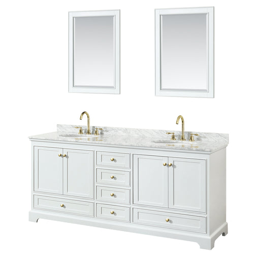 Wyndham Deborah 80 Inch Double Bathroom Vanity in White, White Carrara Marble Countertop, Undermount Oval Sinks, Brushed Gold Trim, 24 Inch Mirrors- Wyndham