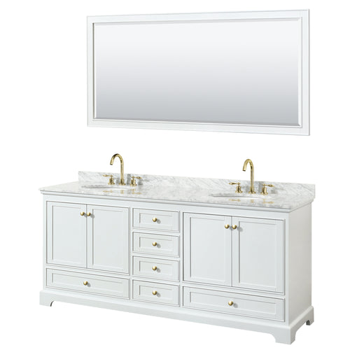 Wyndham Deborah 80 Inch Double Bathroom Vanity in White, White Carrara Marble Countertop, Undermount Oval Sinks, Brushed Gold Trim, 70 Inch Mirror- Wyndham