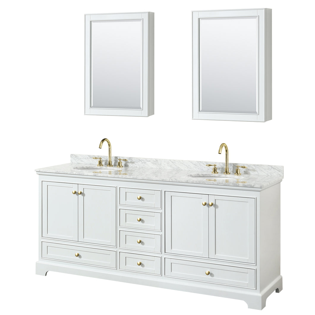 Wyndham Deborah 80 Inch Double Bathroom Vanity in White, White Carrara Marble Countertop, Undermount Oval Sinks, Brushed Gold Trim, Medicine Cabinets- Wyndham