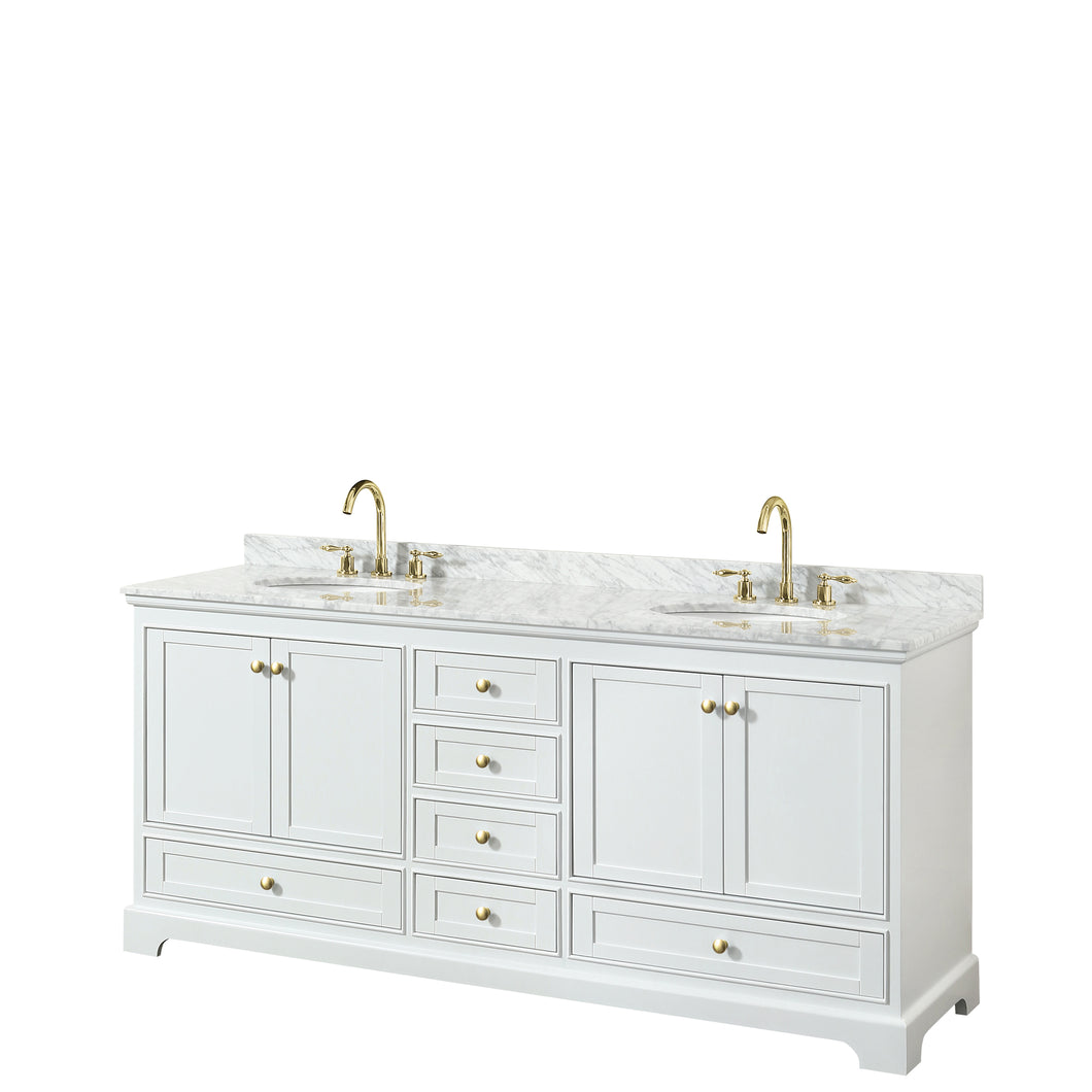 Wyndham Deborah 80 Inch Double Bathroom Vanity in White, White Carrara Marble Countertop, Undermount Oval Sinks, Brushed Gold Trim, No Mirrors- Wyndham