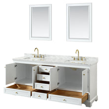 Load image into Gallery viewer, Wyndham Deborah 80 Inch Double Bathroom Vanity in White, White Carrara Marble Countertop, Undermount Square Sinks, Brushed Gold Trim, 24 Inch Mirrors- Wyndham