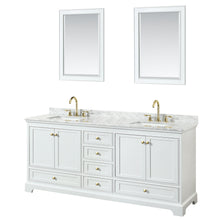 Load image into Gallery viewer, Wyndham Deborah 80 Inch Double Bathroom Vanity in White, White Carrara Marble Countertop, Undermount Square Sinks, Brushed Gold Trim, 24 Inch Mirrors- Wyndham